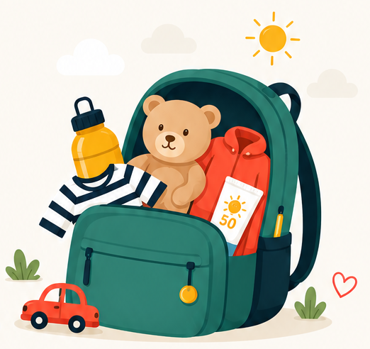 Illustration eines gepackten Rucksacks mit Kuscheltier, Trinkflasche, Kleidung und kleinem Auto
