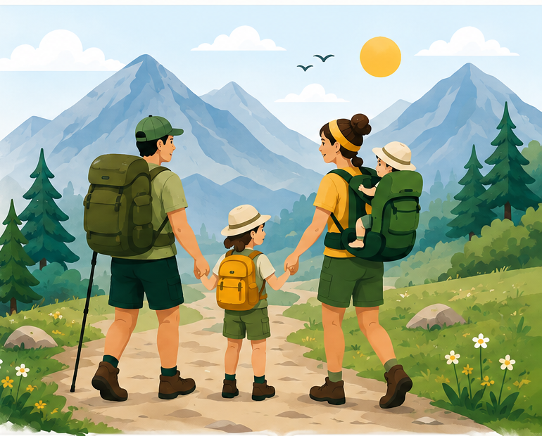 Familie beim Wandern mit Kindern in den Bergen